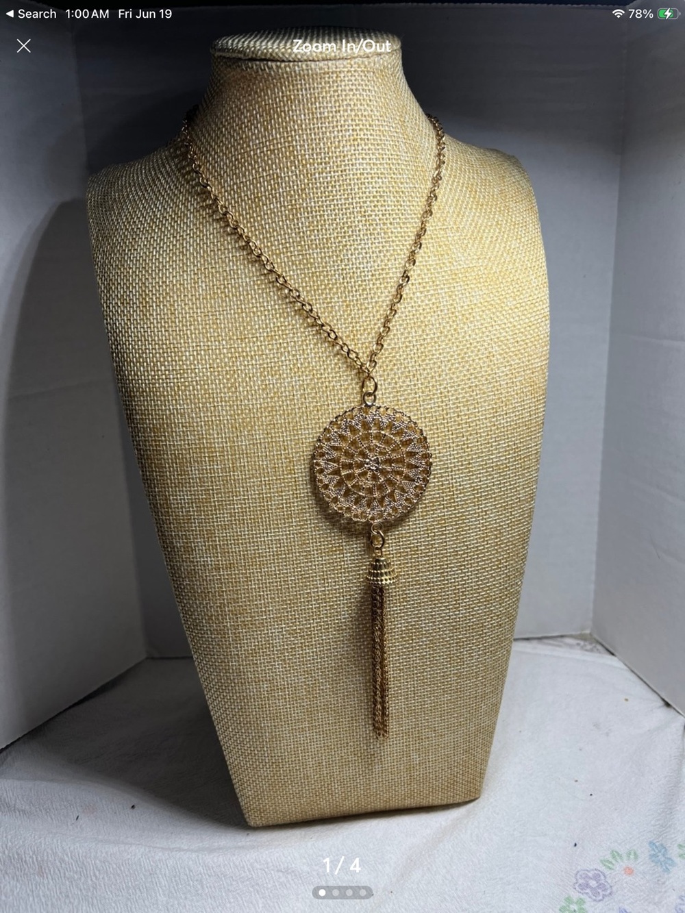 Gold-tone Filigree Medallion Tassel Necklace